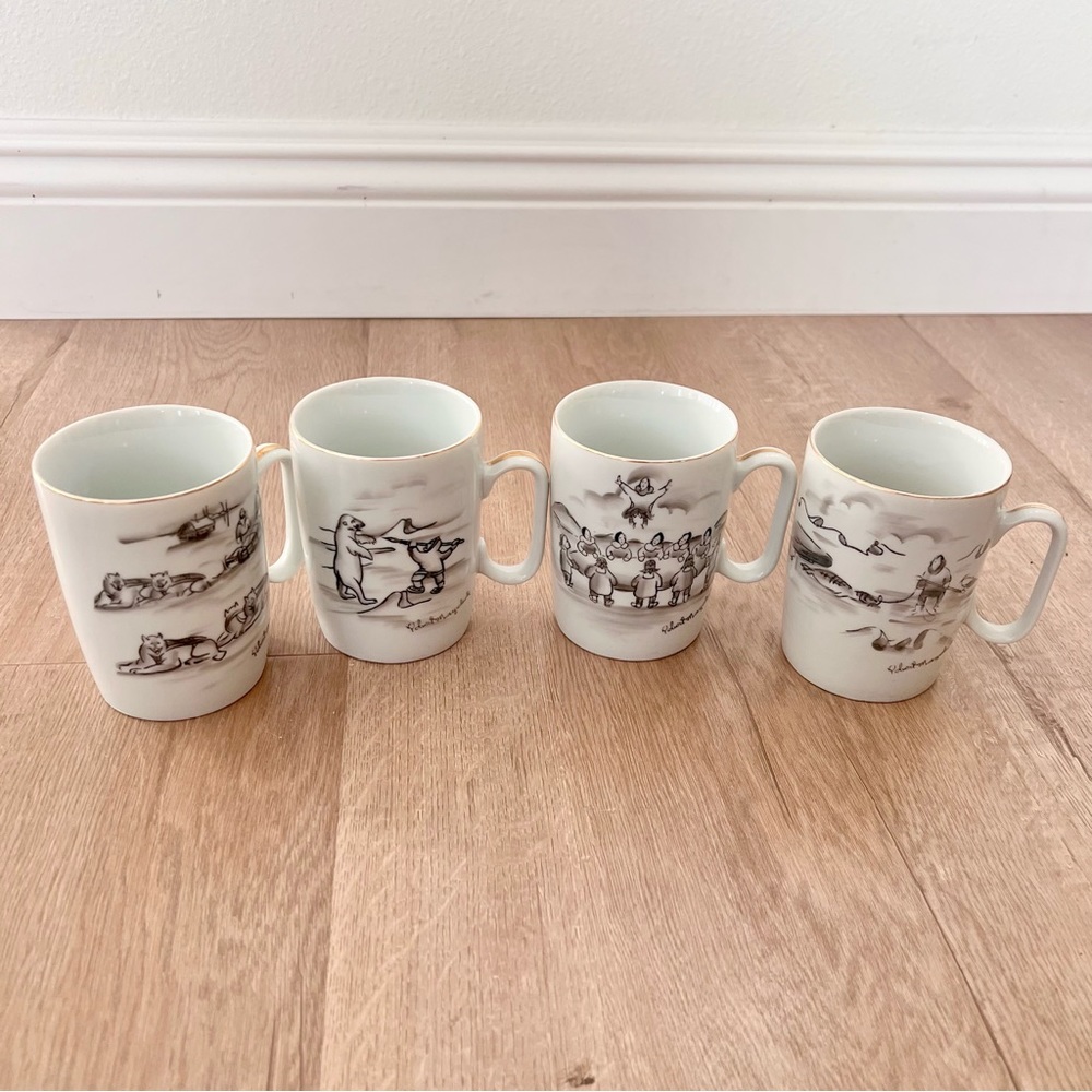 1950s Robert Mayokok Signed Alaska Inuit Art‎ Design Cups Mugs Set Of 4 Vintage